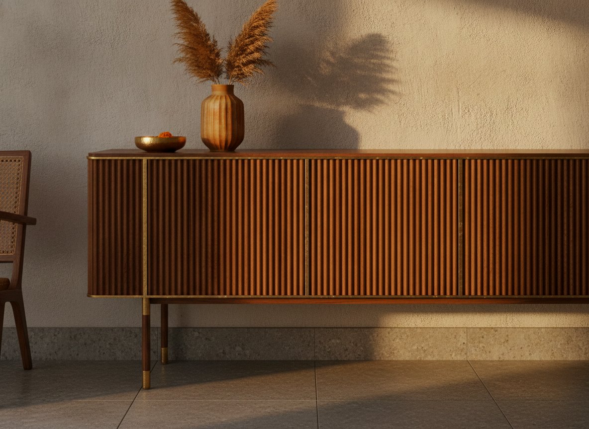Interior craftsmanship detail — a fluted-teak console with brass inlay meeting a hand-plastered wall and Kota-stone floor