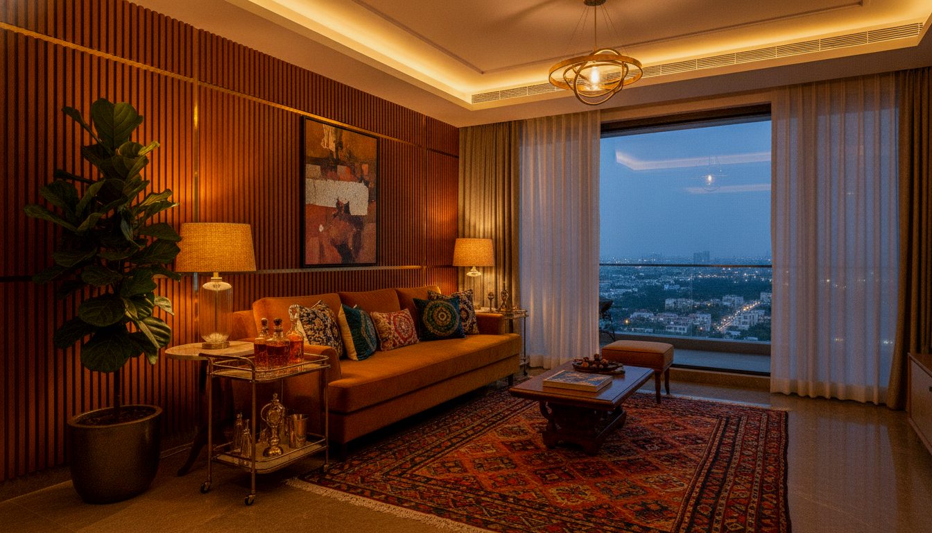 A glamorous Indian penthouse living room at dusk with warm lamplight and city views