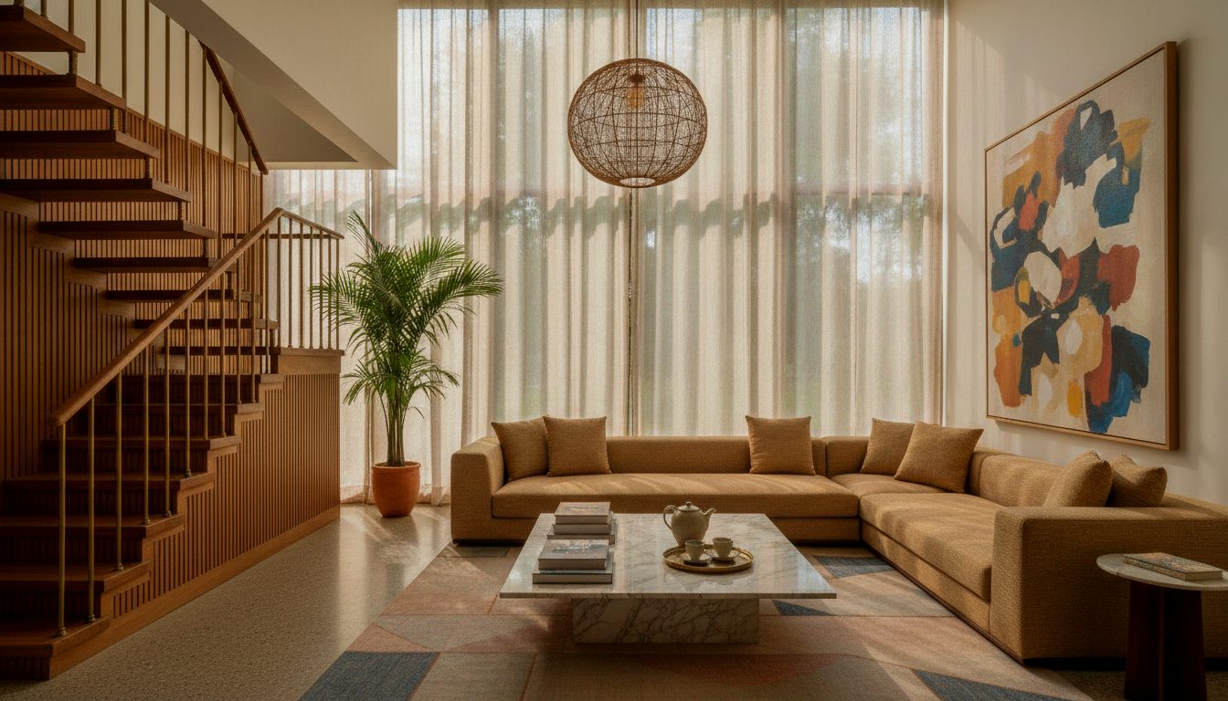 A dramatic double-height living room in a luxury Indian home with a floating teak staircase and sheer curtains