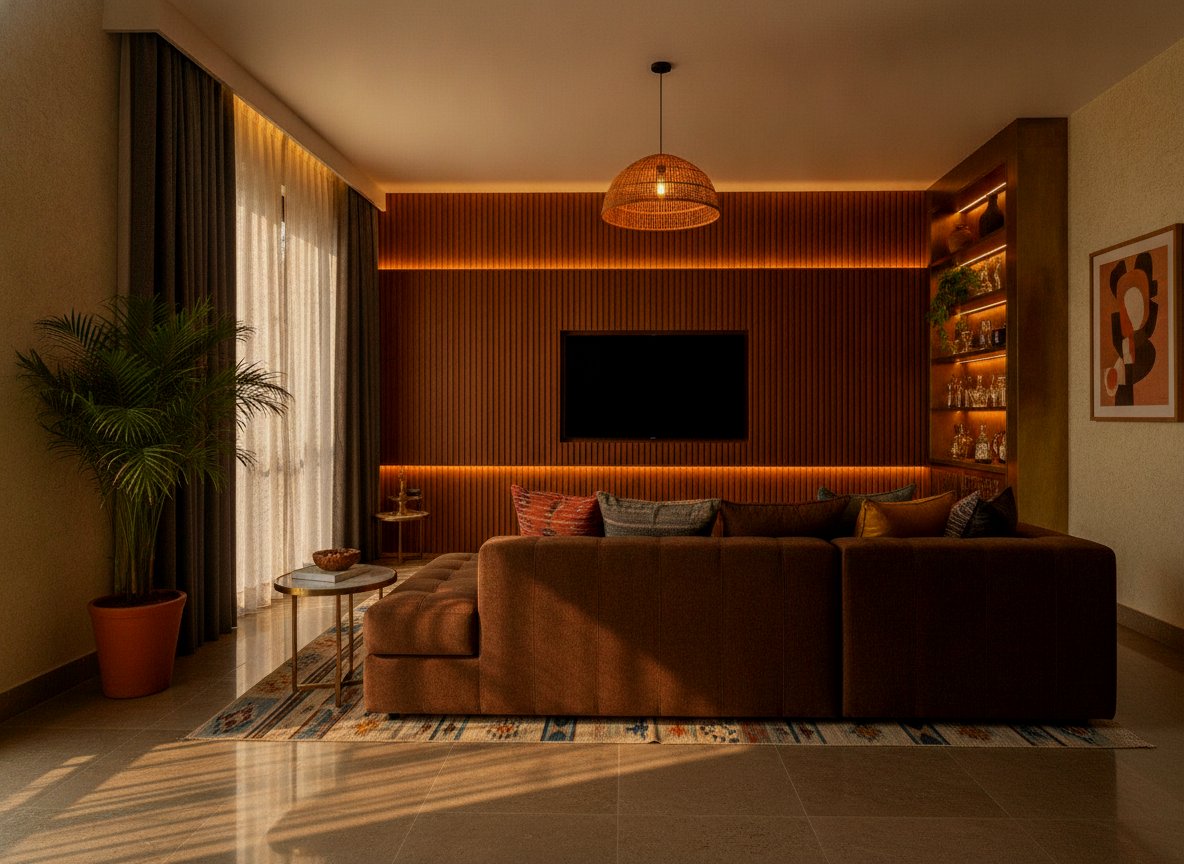 Warm contemporary living room in a luxury Mumbai apartment at dusk