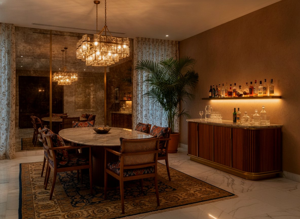 Elegant corporate lobby with a fluted Jaisalmer-sandstone wall and brass reception desk