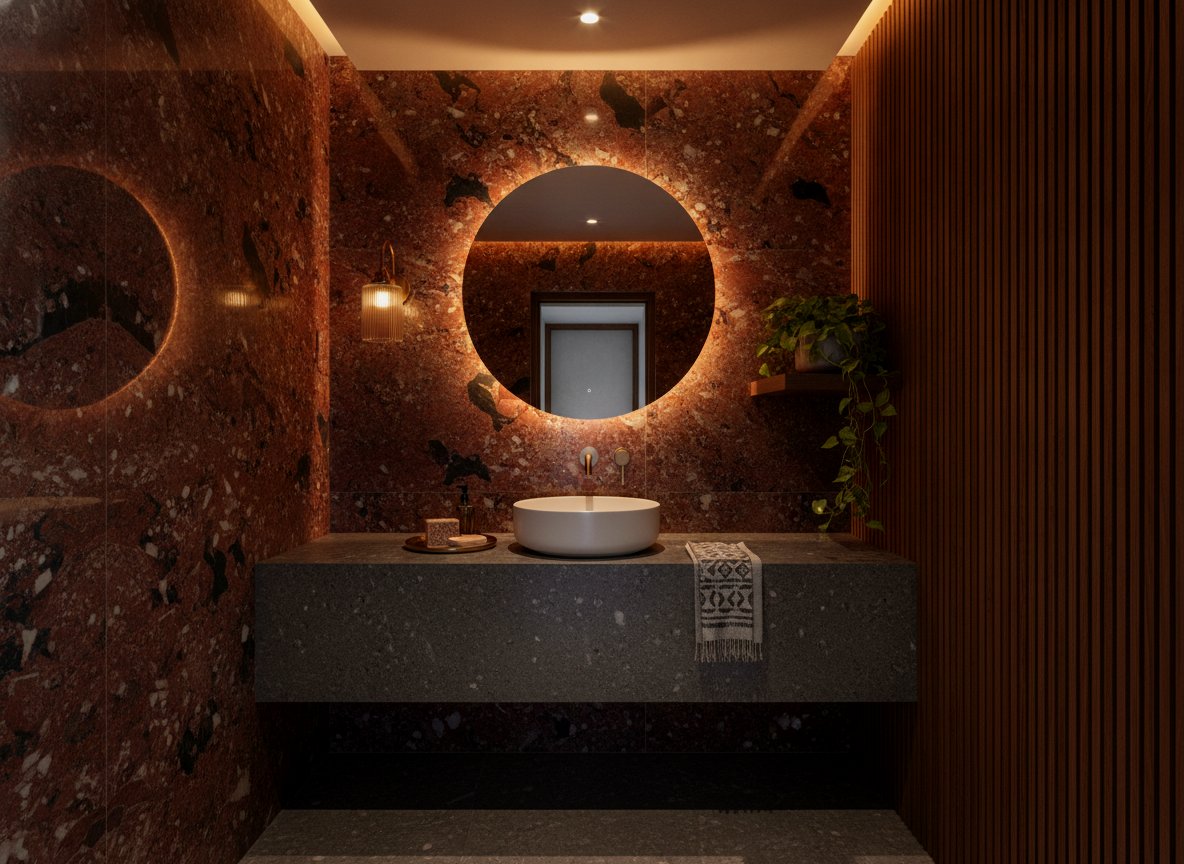 Intimate Indian fine-dining interior with a backlit jaali partition and brass pendants