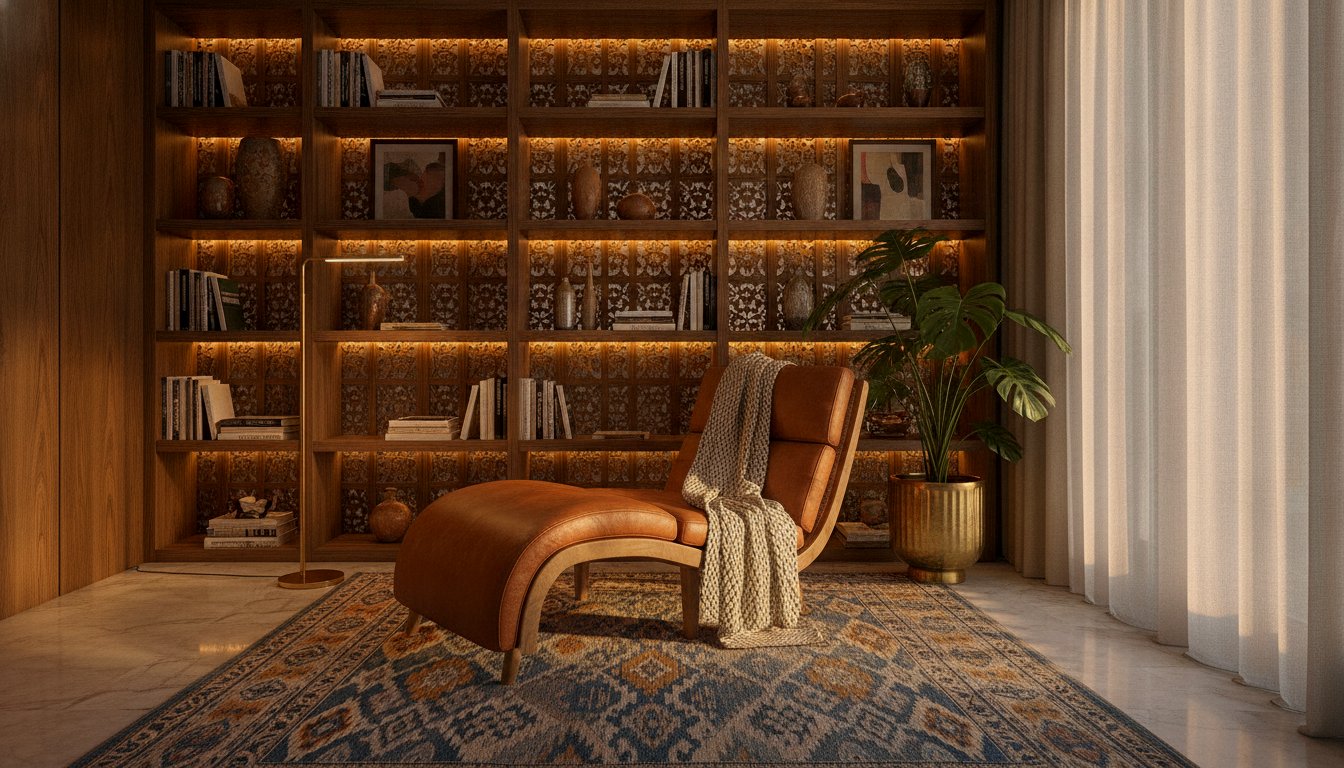 A calm reading corner in a luxury Indian home with a caramel-leather lounge chair, teak bookshelf and a warm jaali screen